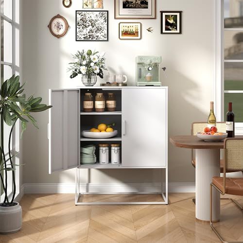 BIZOEIRON Buffetschrank mit Türen, Moderner Kleiner Metallschrank, Sideboard Buffet Aufbewahrung für Küche, Esszimmer, Wohnzimmer, Anti-Kipp Design(Weiß)
