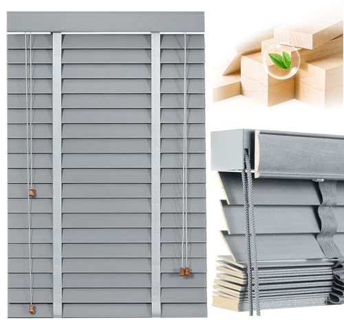 2 Slats Wood Blinds for Indoor Windows: Wooden Blackout Blinds & Shades,Custom Size Privacy Horizontal Blinds for Home Bedroom Bathroom Living Room Windows Doors 324048606470'' (Gray 24WX48H)