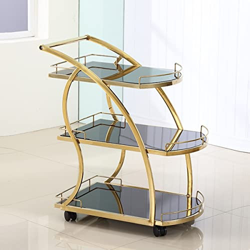 Moderner, Goldener Barwagen mit 3 Etagen und Glasregalen. Stilvoller Servierwagen für Wein, Getränke und Tee. Mobiler Lagerwagen für Esszimmer, Hotel oder Restaurant