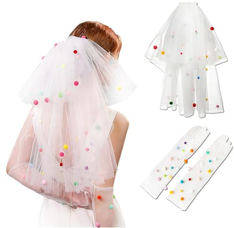 FOSDICK Schleier Braut, Brautschleier, Veil mit Bunte Pompom, Schleier JGA, Neuheit Bride to be Schleier, Brauthandschuhe, für Junggesellenabschied Frauen Hochzeit Bachelorette Party Accessoires