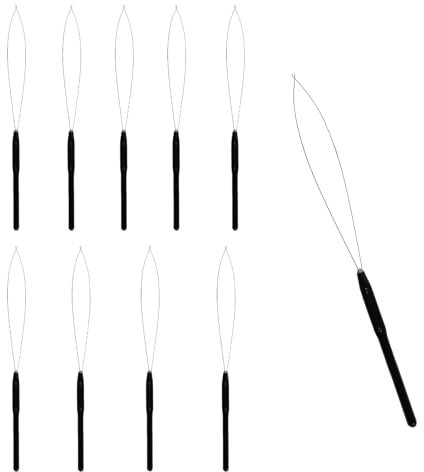 10PCS Black Hair Extension Loop Needle Threader Pulling Hook Tool for Micro Rings & Nano Beads, Feather Extensions, Salon & Home Use, Durable Plastic Handle & Metal Loop