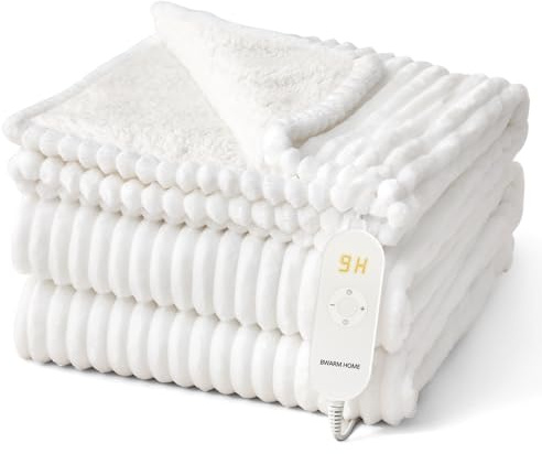 Heizdecke 130x180 cm, Heizdecke mit Abschaltautomatik, Wärmedecke mit 9 Heizstufen und 10 Stunden Timer, Speicherfunktion Überhitzungsschutz Elektrische Kuscheldecke für Bett, Büro (Weiß Gestreift)