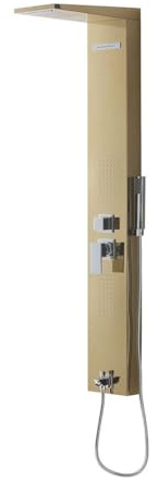 Panel de ducha de acero inoxidable dorado con hidromasaje y detalles cromados