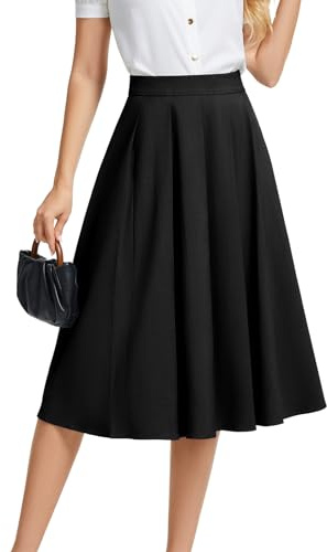 DRESSTELLS Black Pleated Skirts for Women UK, High Waist Midi Skirt A-Line Skirt, Fashion Party Office Uniform, Black M