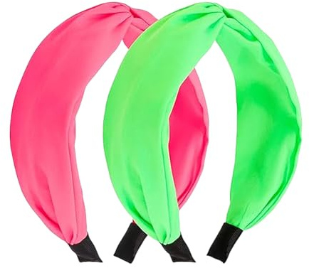 Lot de 2 bandeaux noués vert fluo avec nœud supérieur des années 80 et 90 - Bandeau décoratif fluorescent large antidérapant - Bandeau vintage pour festival