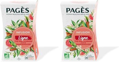 Pagès - Infusion BIO Ligne - Thé Vert, Guarana, Saveur Pamplemousse - Contrôle du Poids - Boîte de 20 Sachets, 100% Végétal (Lot de 2)