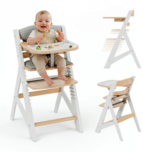 Tulano Morsel 40 Kinderhochstuhl Holz - Mitwachsender Hochstuhl Baby 4in1 | Hochstuhl mit Tisch - 11-fach Verstellbar - Für Kinder ab 6 Monate bis 12 Jahre - Belastbar bis 40 kg - Eiche Weiß