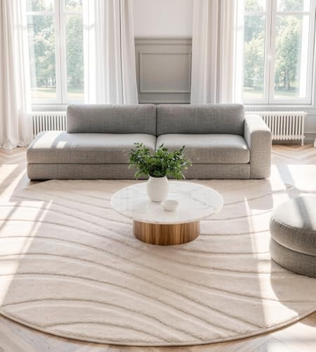 ROHATIM Runder Teppich Beige Ø 120 cm mit Relief-Struktur Wellen, Weicher Soft-Flanell, rutschfest, Waschbar & Faltbar, Deko-Akzent für Kinderzimmer & Leseecke