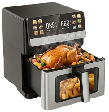 Oyajia Heißluftfritteuse, 10 Liter XXL Air Fryer, 12in1 Heißluftfritteuse, Zwei Heizelemente Airfryer, Touch-Tasten, Fettfreie Zubereitung, Sichtfenster, Inkl, Timer, Spülmaschinenfes 1800W