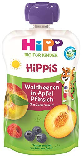 HiPP HiPPiS Quetschbeutel, Waldbeeren in Apfel-Pfirsich, 100% Bio-Früchte ohne Zuckerzusatz, 6 x 100 g Beutel
