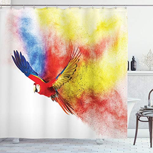 ABAKUHAUS Bunt Duschvorhang, Papagei mit Federn, mit 12 Ringe Set Stielvoll Modern, 175x200 cm, Orange Gelb
