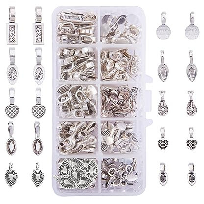 PH PandaHall 200pcs 10 Style Tibetan Silver Glue-on Flat Pad Bails Metal Alloy Necklace Clasp Pendant Connectors for Earring Necklace Jewelry Making