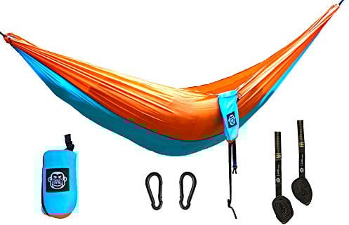 Monkey Swing Hängematte Ultraleicht inkl. Karabiner & Schwerlastgurten (bis 300 kg belastbar, 275 x 140 cm) – ideal für Camping, Outdoor, Trekking & als Reisehängematte (Türkis/Orange)
