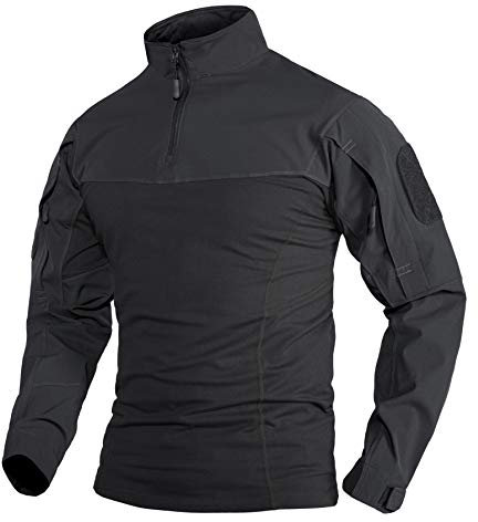 TACVASEN Military Shirt Mens Tactical T Shirt Casual Outdoor Combat Army T-Shirt Long Sleeve Top Black with Zip Pockets