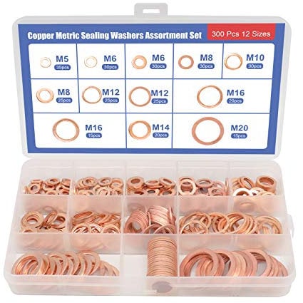 XTVTX 300 PCS Juego de surtido de arandelas de cobre Tamaños Kit de arandelas de sellado métricas de cobre Sujetador de hardware Adecuado para accesorios de combustible(M5-M20)