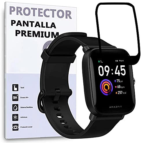 REY Protector de Pantalla Curvo para AMAZFIT BIP U Pro - BIP U, Negro, Premium, 3D / 4D / 5D, Anti Roturas