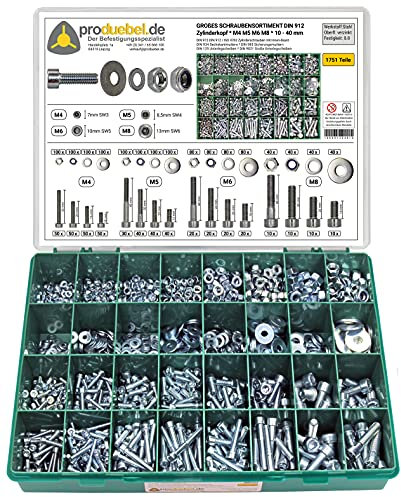 Großes Schrauben-Sortiment DIN 912 Zylinderkopf M4/M5/M6/M8 Stahl verzinkt 8.8 (DIN912+934+985+125+9021) 1751-tlg (Standard-Box)