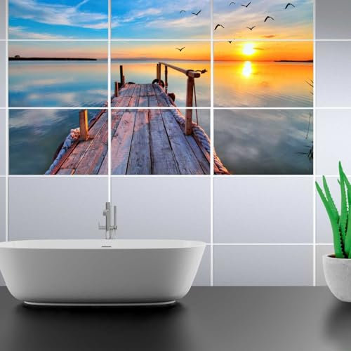 FoLIESEN Fliesenaufkleber - Deko-Bild für Bad, Küche, Badezimmer - Dekoration Fliesen-Bild selbstklebend - Abend am See, Fliese - Bild (BxH):20x25 cm - 80x50 cm / 8-tlg.
