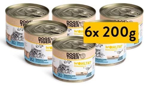 Dogs'n Tiger – “Wohltat” Premium Katzen Nassfutter – tiergerechte Rezeptur mit 70% Fleischanteil + Katzengamander – ohne Zucker, Getreide & künstliche Aromen (Huhn + Lachs | 6 x 200 g)