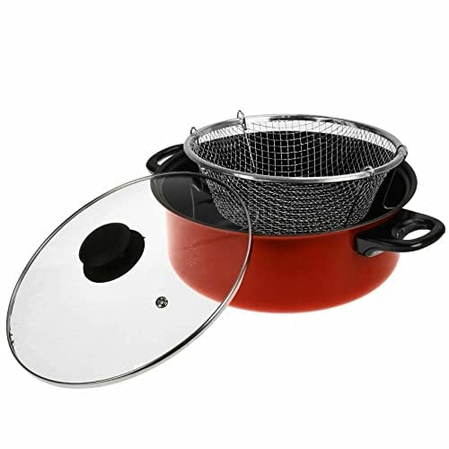 24cm Non Stick Pan Chips Deep Fat Fryer Cooking Steamer Pot 3Pcs Kitchen Cookware Pan Basket Glass Lid