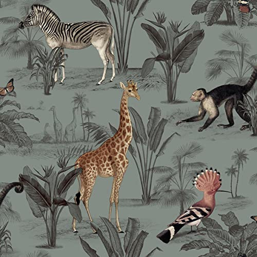 Vintage Zoo Wallpaper Home Animal Print Monkey Butterfly Blue Grey