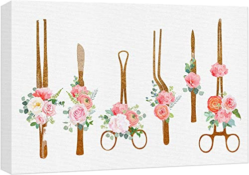 wall26 Canvas Print Wall Art Doctor's Tools Forceps Scalpel Flowers Medical & Hospital Health Illustrations Modern Art Floral Botanical Colorful Decorative for Living Room, Bedroom, Office - 16x24