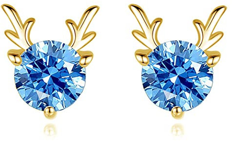 Cangall Silber Weihnachten Ohrringe Damen, 925 Sterling Silber Weihnachts Ohrstecker, 8mm Süße Schlafen Knorpel Elch Ohrstecker mit Blau Zirkonia, Gold Damen Elch Zirkonia Ohrstecker zum Weihnachten
