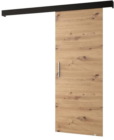 KRYSPOL Schiebetürsystem Salwador 1 Komplett-Set für Schiebetüren, Trennwände Innentüren, Modern Design (Artisan Eiche/Gitter: schwarz matt/Griff: Silber)
