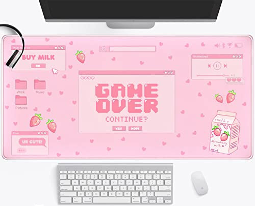 Pink Kawaii Anime Gaming Mouse Pad XXL, Strawberry Milk Mousepad Large, Aesthetic Laptop Keyboard Mats, Full Desk Mouse Mat for Women Girl 31.5X15.7 in