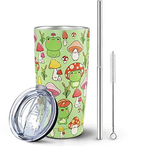 Paqoygl Frog Mushroom Tumbler with Lid and Straw, Cute Mushroom Gifts for Women, Green Cute Frog Cup Water Bottle Coffee Mug, Stainless Steel Vacuum Insulated Tumblers 20 Oz
