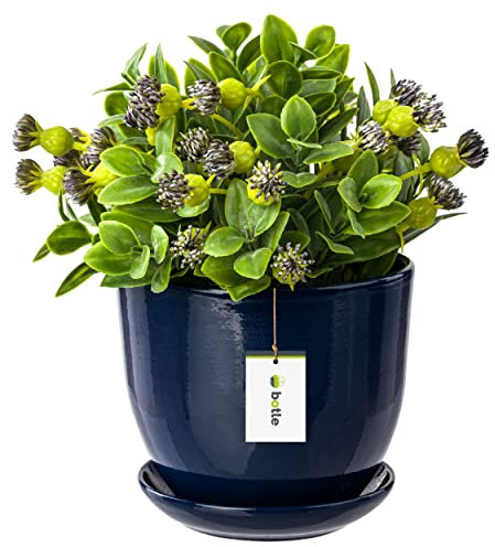 botle Keramiktopf Pflanztopf Blumenchale Übertopf Pflanzkübel handbemalt D 130 mm Navy blau Keramik inkl. Untersetzer Wasserablaufloch