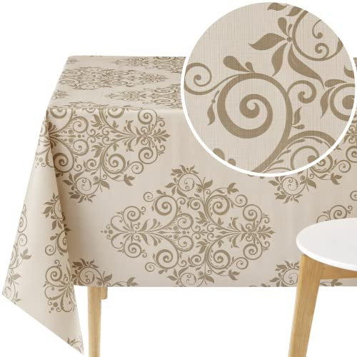 KP Home Tischdecke Abwaschbar 300x140cm, Pflegeleicht Rechteckig Abwischbare PVC Tischdecke, Wasserfest Esstischdecke für Innen, Außenbereich, Wachstuchtischdecke mit Beige mit floralem Ornamentmuster