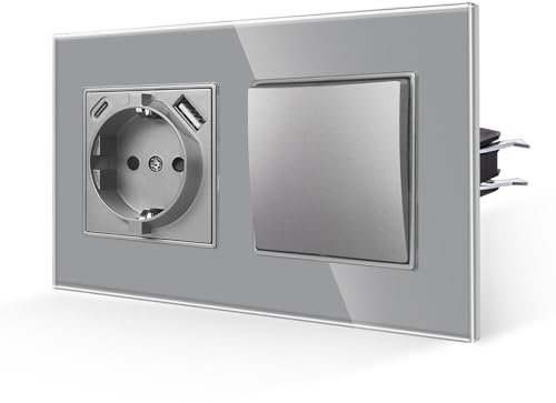 JIMEIDA Interruptor de Luz con Enchufe en Gris,Enchufes de Vidrio de 16Amp con Carga Rápida USB y Puerto Tipo C -157 * 86mm,250V