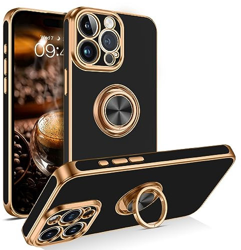 BENTOBEN for iPhone 15 Pro Case with Ring, Phone Case for iPhone 15 Pro, Holder Gold Edge Rotation Kickstand Flexible Soft Silicone Bumper Shockproof Protective Cover for iPhone 15 Pro 6.1 inch, Black