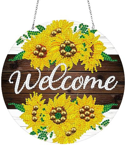 Starnearby 5D DIY Diamond Painting Anhänger mit Kette Doppelseitig Diamantmalerei Ornament Diamant Painting Girlande Kranz Wandbehang Kits für Fenster Wand Und Eingang Decor(Sonnenblumen Welcome)
