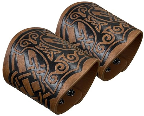 HiiFeuer 2 Stück Wikinger geprägte Kunstleder Manschette Armband, Nordischem Retro Cuff Bracelet Armbänder, Nordic Mjolnir Vegvisir Muster Manschette Armreif Wristband (Mjolnir Braun)