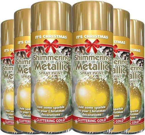AbbeyShake glitter metallic christmas gold spray paint 200ml decorative - creative - dazzling effect to your hobby art and craft use - pack of 6 cans