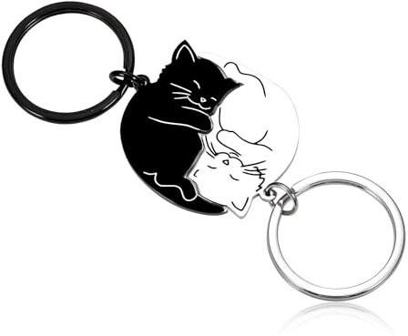 CheersLife Porte Clef Couple Porte Clef Chat Idee Cadeau Couple Porte Clef Coeur Idee Cadeau Couple Amoureux Porte Clés Couple Chat Blanc Noir un Porte Clés Représentant L'amour ou L'amitié