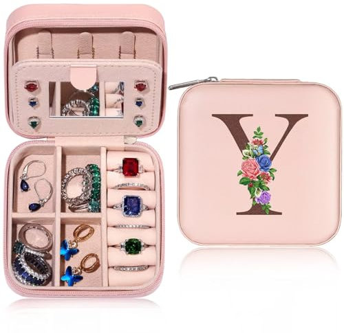 TINGN Initiale Schmuckkästchen mit Blume und Y Kleine Schmuckkästchen Reise Schmuckschatulle mit Spiegel für Damen Mädchen Geschenk für Geburtstage, Weihnachten, Muttertag, Valentinstag, Hochzeiten