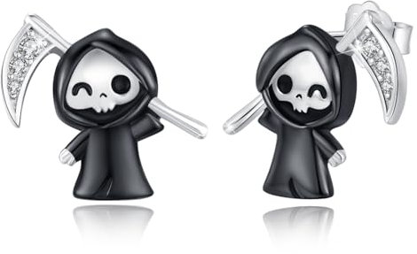 Sensenmann Ohrringe 925 Sterling Silber niedlich Schwarze Reaper Ohrringe kleine Skelett Ohrringe Halloween Sensenmann Schmuck Party Geschenk für Damen Männer