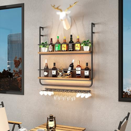 Casier À Vin Mural,Casier À Bouteilles En Métal,Étagères Polyvalentes Murale,Range Bouteille En Fer,Porte Bouteille,Étagère À Vin,Avec Porte Verre À Pied,Support De Rangement,Pour Bar,Cave,Cuisine ( S