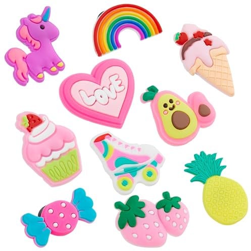 CityComfort Accessoires Bijoux de Chaussures - Lot de 10 Pins pour Sabot de Jardin Enfant - Charms Breloque pour Sandales Fille (Rose/Multi)