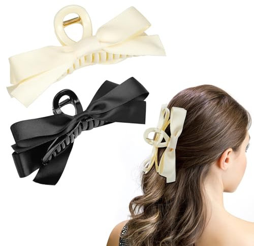 AUAUY 2PZ Mollette per Capelli con Fiocco, Fermagli con Fiocco in Raso, Fermagli per Capelli con Grande Fiocco da Donna, Accessori per Capelli con Fiocco per Feste di - Bianco, Nero