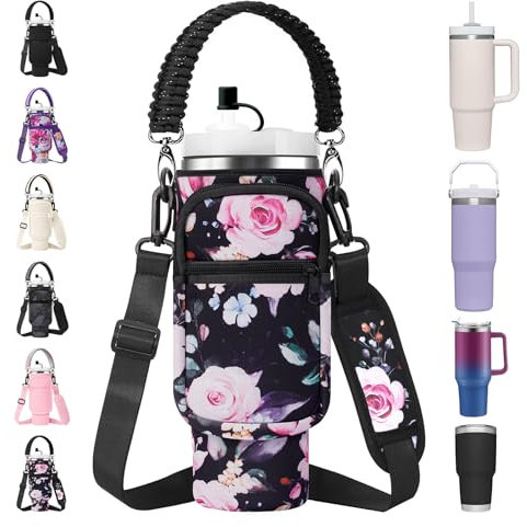 AceTreker Faux Leather 30 oz Stanley Cup Holder Bag with Strap & Straw Cover, Black Flower - Multi-functional Water Bottle Accessory with Paracord Handle and 2 Pockets