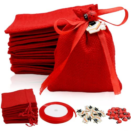 ZYKORT 30 Pezzi bomboniere laurea fai da te, 10*8cm Sacchetti Portaconfetti Bomboniera Laurea, Nastro Raso Rosso Sacchetti Portaconfetti con Ciondolo a forma di libro con cappello da dottore in lega