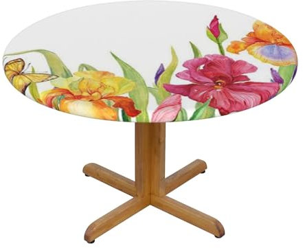 Iris Tischdecke mit Blumen- und Schmetterlingsmotiv, rund, Durchmesser 138 cm, dekorativer Tischschutz für Küche, Esszimmer, Partys, Hochzeiten, Picknick