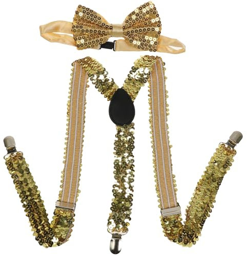 NiceYnn Bretelles avec Nœud Papillon Suspensions Larges Réglable Élastique Extra Fort 3 Clips en Forme Y Paillette Or