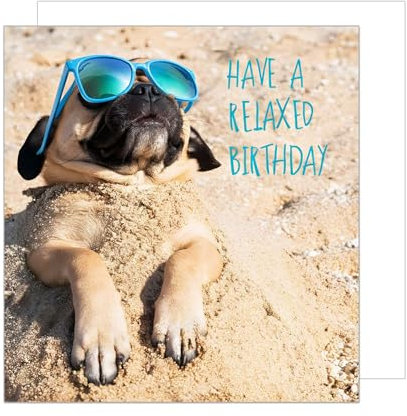 Edition Seidel Premium quadratische Geburtstagskarte mit Umschlag. Glückwunschkarte Happy Birthday Billet Karte für Frau Mann Strand Hund Mops Relax (GQ293 SW024)