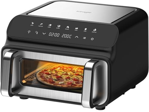 Iceagle Friggitrice ad aria 10 Litri – 2000 W Friggitrice ad Aria XXL con Finestra, Air Fryer, Doppia resistenza, Display Digitale, 8 programmi, Timer, Nero