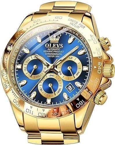 OLEVS Herrenuhren Automatik Blau Goldene Mechanische Luxus Kleid Armbanduhr mit Tag Datum Wasserdicht Uhr